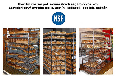 Chrómované potravinové regály NSF v pekárni — drôtené police s chlebom a pečivom, prehľad rôznych zostáv a rozmerov